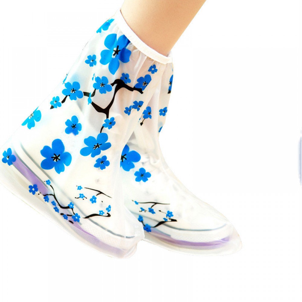 1Pair PVC Reusable Rain Shoe Covers Non-slip Boots Thicken Soles Raincoats Blue Plum Flower Overshoes