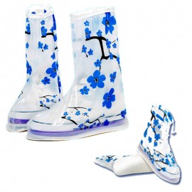 1Pair PVC Reusable Rain Shoe Covers Non-slip Boots Thicken Soles Raincoats Blue Plum Flower Overshoes