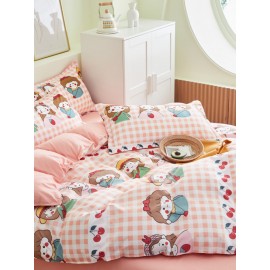 3/4 Pcs Cartoon Character And Plaid Print AB Sided Aloe Cotton Comfy Bedding Set Sheet Duvet Cover Pillowcase