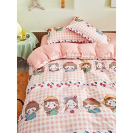 3/4 Pcs Cartoon Character And Plaid Print AB Sided Aloe Cotton Comfy Bedding Set Sheet Duvet Cover Pillowcase