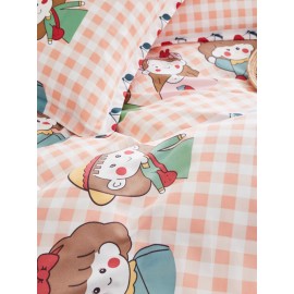 3/4 Pcs Cartoon Character And Plaid Print AB Sided Aloe Cotton Comfy Bedding Set Sheet Duvet Cover Pillowcase