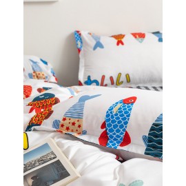 3/4 Pcs Cartoon Fish And Plaid Print AB Sided Aloe Cotton Comfy Bedding Set Sheet Duvet Cover Pillowcase