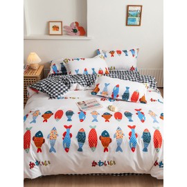 3/4 Pcs Cartoon Fish And Plaid Print AB Sided Aloe Cotton Comfy Bedding Set Sheet Duvet Cover Pillowcase