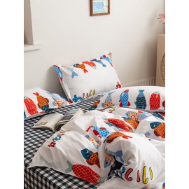 3/4 Pcs Cartoon Fish And Plaid Print AB Sided Aloe Cotton Comfy Bedding Set Sheet Duvet Cover Pillowcase