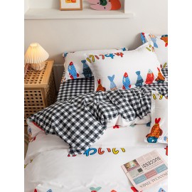 3/4 Pcs Cartoon Fish And Plaid Print AB Sided Aloe Cotton Comfy Bedding Set Sheet Duvet Cover Pillowcase