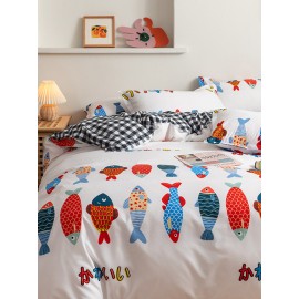 3/4 Pcs Cartoon Fish And Plaid Print AB Sided Aloe Cotton Comfy Bedding Set Sheet Duvet Cover Pillowcase