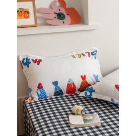 3/4 Pcs Cartoon Fish And Plaid Print AB Sided Aloe Cotton Comfy Bedding Set Sheet Duvet Cover Pillowcase