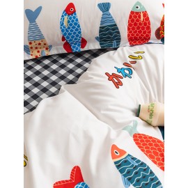 3/4 Pcs Cartoon Fish And Plaid Print AB Sided Aloe Cotton Comfy Bedding Set Sheet Duvet Cover Pillowcase