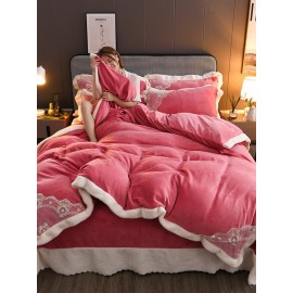 3/4Pcs Double-sided Milk Fleece Plain Color Coral Fleece Comfy Bedding Set Sheet Duvet Cover Pillowcase