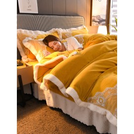 3/4Pcs Double-sided Milk Fleece Plain Color Coral Fleece Comfy Bedding Set Sheet Duvet Cover Pillowcase