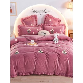 4Pcs Flannel Floral Overlay Towel Embroidery Autumn And Winter Warm Comfy Bedding Milk Velvet Series Kit