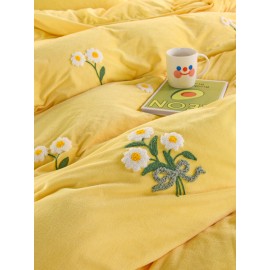 4Pcs Flannel Floral Overlay Towel Embroidery Autumn And Winter Warm Comfy Bedding Milk Velvet Series Kit