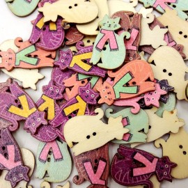 50 Pcs Cute Cat Shaped Animals Wooden Sewing Buttons Two holes Buttons Craft Decoration Materials