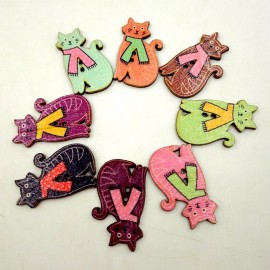 50 Pcs Cute Cat Shaped Animals Wooden Sewing Buttons Two holes Buttons Craft Decoration Materials