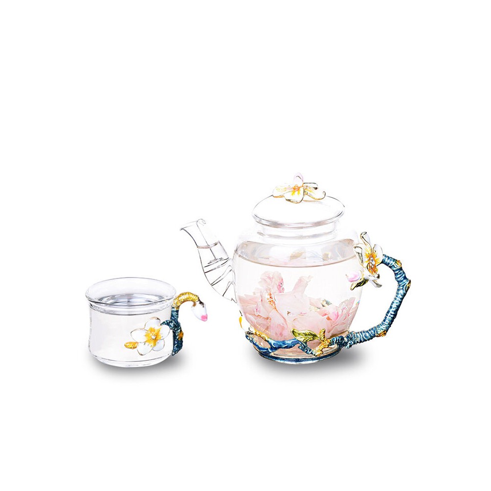 7pcs Teapot Set Apricot Flower Pattern Enamel Glass Set 1 Teapot with 6 Teacups Gift