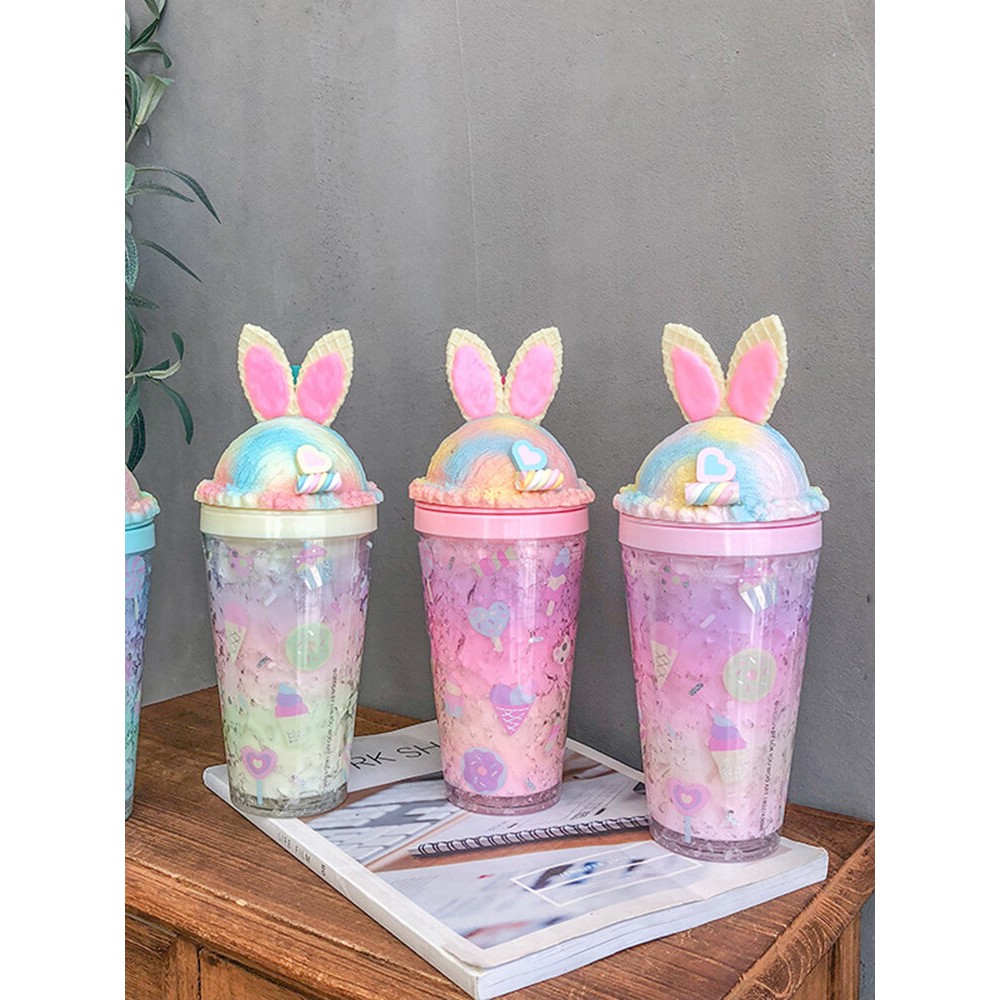 Animal Ears Gradient Straw Cups Go Out Portable Summer Double-Layer Large-Capacity Cups