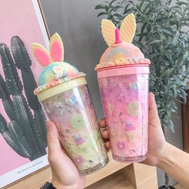 Animal Ears Gradient Straw Cups Go Out Portable Summer Double-Layer Large-Capacity Cups