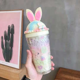 Animal Ears Gradient Straw Cups Go Out Portable Summer Double-Layer Large-Capacity Cups