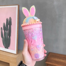 Animal Ears Gradient Straw Cups Go Out Portable Summer Double-Layer Large-Capacity Cups