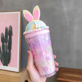 Animal Ears Gradient Straw Cups Go Out Portable Summer Double-Layer Large-Capacity Cups