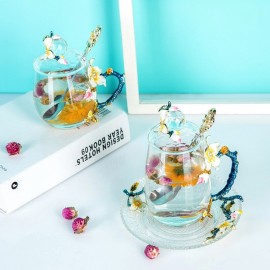 Apricot Flower Cup Enamel Tea Cup Crystal Heat-resistant Glass Cup with Lid and Spoon Creative Gift