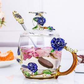 Crystal Glass Enamel Rose Flower Tea Cup Juice Coffee Mugs Festival Gift