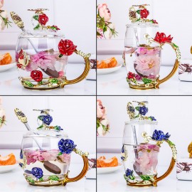 Crystal Glass Enamel Rose Flower Tea Cup Juice Coffee Mugs Festival Gift