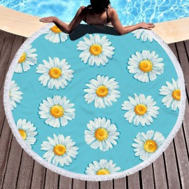 Daisy Sunflower Round Beach Towel Blanket Hawaii Hawaiian Tropical Large Microfiber Terry Beach Roundie Palm Circle Picnic Carpet Yoga Mat with Fringe