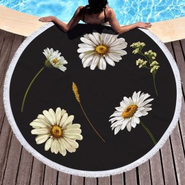 Daisy Sunflower Round Beach Towel Blanket Hawaii Hawaiian Tropical Large Microfiber Terry Beach Roundie Palm Circle Picnic Carpet Yoga Mat with Fringe