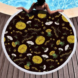 Daisy Sunflower Round Beach Towel Blanket Hawaii Hawaiian Tropical Large Microfiber Terry Beach Roundie Palm Circle Picnic Carpet Yoga Mat with Fringe