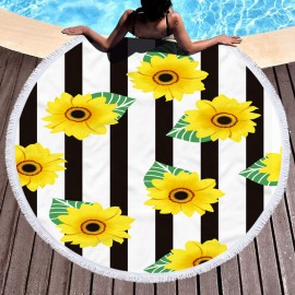 Daisy Sunflower Round Beach Towel Blanket Hawaii Hawaiian Tropical Large Microfiber Terry Beach Roundie Palm Circle Picnic Carpet Yoga Mat with Fringe