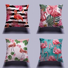 Flamingo Linen Throw Pillow Cover Pattern Watercolour Green Tropical Leaves Monstera Leaf Palm Aloha