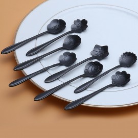 KCASA KC-FS01 Black Stainless Steel Flower Shape Coffee Sugar Spoon Teaspoons Ice Cream Tableware