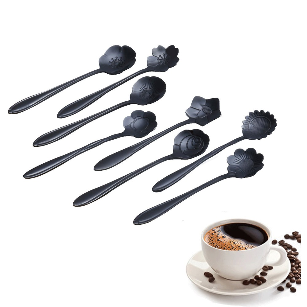 KCASA KC-FS01 Black Stainless Steel Flower Shape Coffee Sugar Spoon Teaspoons Ice Cream Tableware