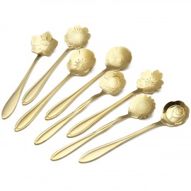 KCASA KC-FS04 Gold Flower Shape Stainless Steel Coffee Sugar Spoon Teaspoons Ice Cream Tableware