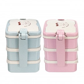 Large Capacity Cartoon Bear Three-layer Lunch Box With Spoon Fork Portable Wheat Straw Bento Box