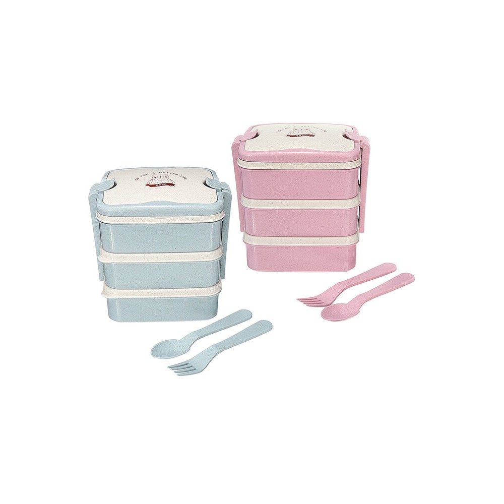 Large Capacity Cartoon Bear Three-layer Lunch Box With Spoon Fork Portable Wheat Straw Bento Box