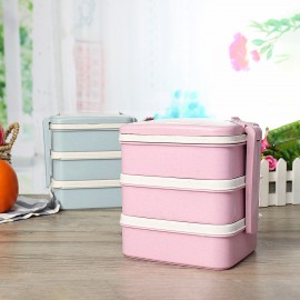 Large Capacity Cartoon Bear Three-layer Lunch Box With Spoon Fork Portable Wheat Straw Bento Box