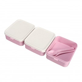 Large Capacity Cartoon Bear Three-layer Lunch Box With Spoon Fork Portable Wheat Straw Bento Box