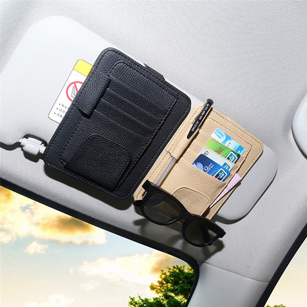 PU Leather Car Sun Visor Glasses Clip Card Pen Holder Storage Driver License Package