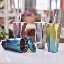 Portable Travel Mug Stainless Steel Coffee Ice Cup With Stainless Steel Drinking Straw