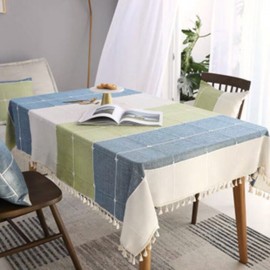 Stitching Tassel Tablecloth Cotton Linen Fabric Dust-Proof Table Cover for Kitchen Dinning Tabletop Decoration