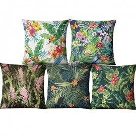 Tropical Green Plants Flowers Linen Pillowcase Home Fabric Sofa Cushion Cover