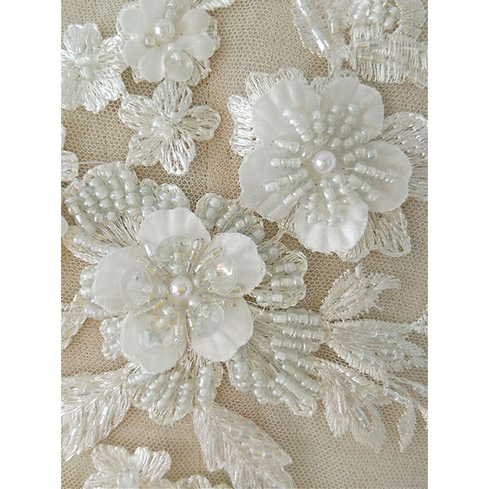 Wedding Dress Lace Fabric 3D Flowers Pearl Beaded Lace Applique DIY Craft