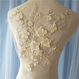 Wedding Dress Lace Fabric 3D Flowers Pearl Beaded Lace Applique DIY Craft