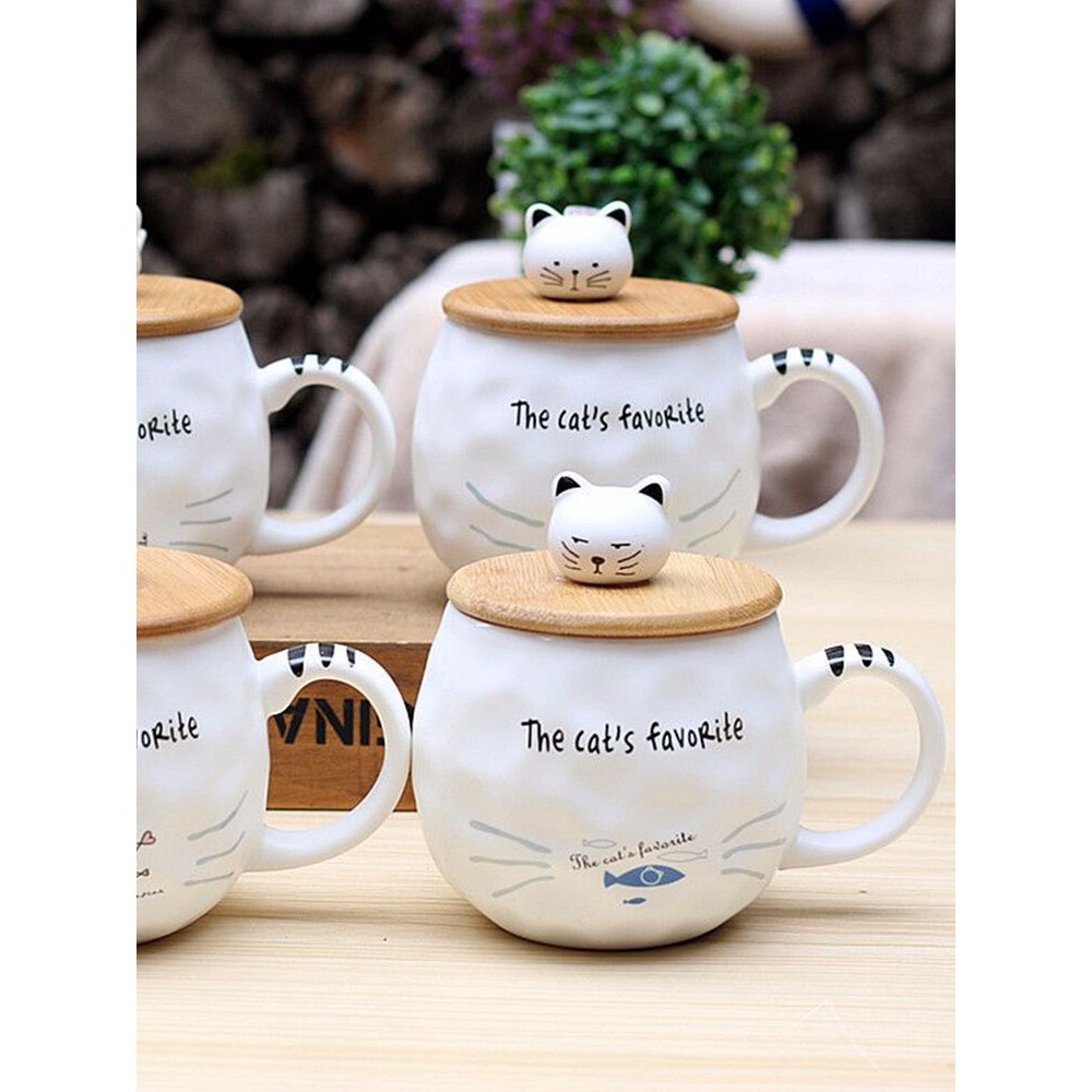 Wooden Cover Cat Ceramic Cup Cat Fish With Spoon Round Cup Cartoon Cup