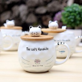 Wooden Cover Cat Ceramic Cup Cat Fish With Spoon Round Cup Cartoon Cup