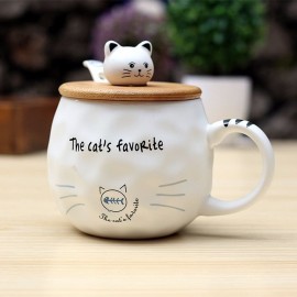 Wooden Cover Cat Ceramic Cup Cat Fish With Spoon Round Cup Cartoon Cup