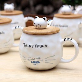 Wooden Cover Cat Ceramic Cup Cat Fish With Spoon Round Cup Cartoon Cup